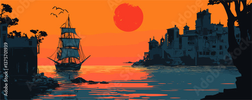 Majestic ship at sunset with silhouetted coastal town and birds - vector.