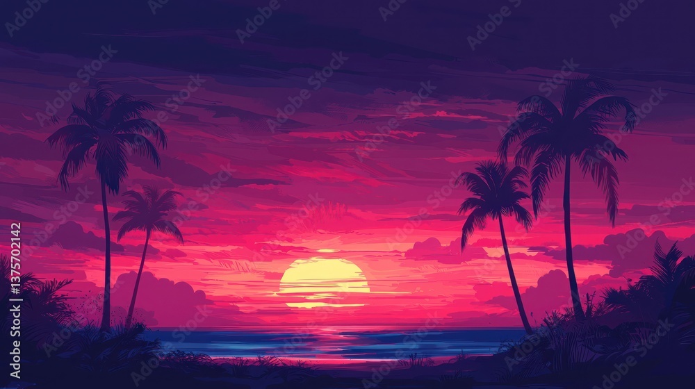 Obraz premium Vibrant sunset over tropical beach with palm trees. (1)