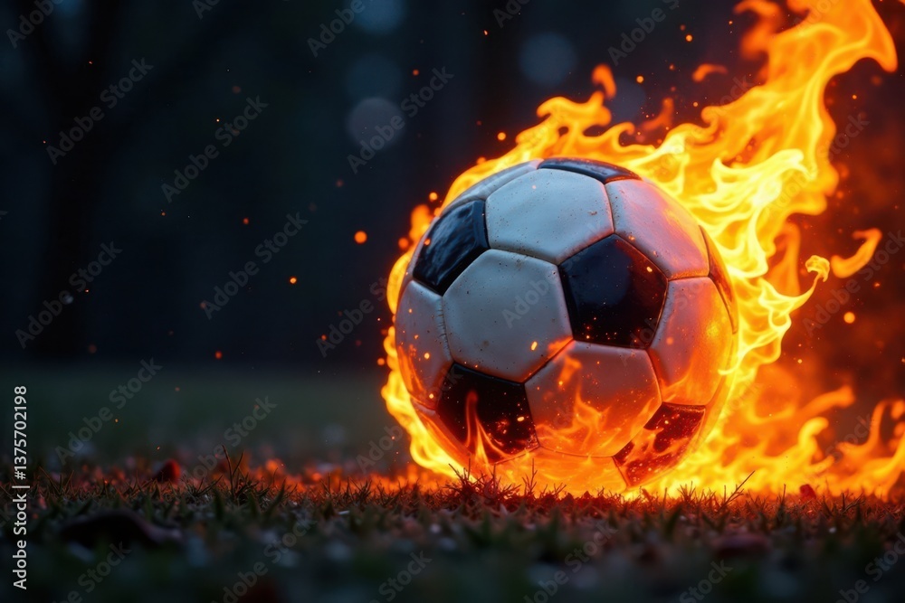 Fototapeta premium Football ball on fire in a blazing inferno with flames licking at it, fire, fireball