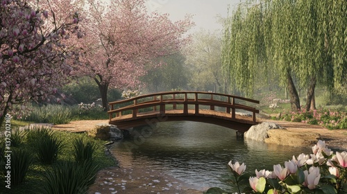 Serene park scene featuring a wooden bridge over a calm stream, surrounded by blossoming trees and lush greenery, creating a peace photo