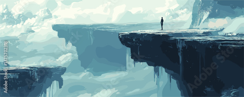 Solitary figure on majestic cliff in dreamy sky landscape, vector.