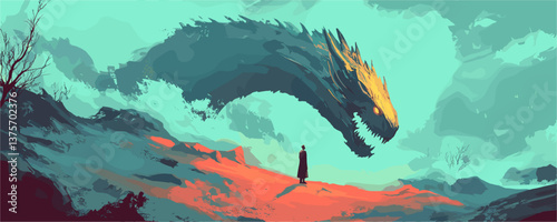 Majestic dragon encounter with lone figure in surreal landscape - digital art vector.