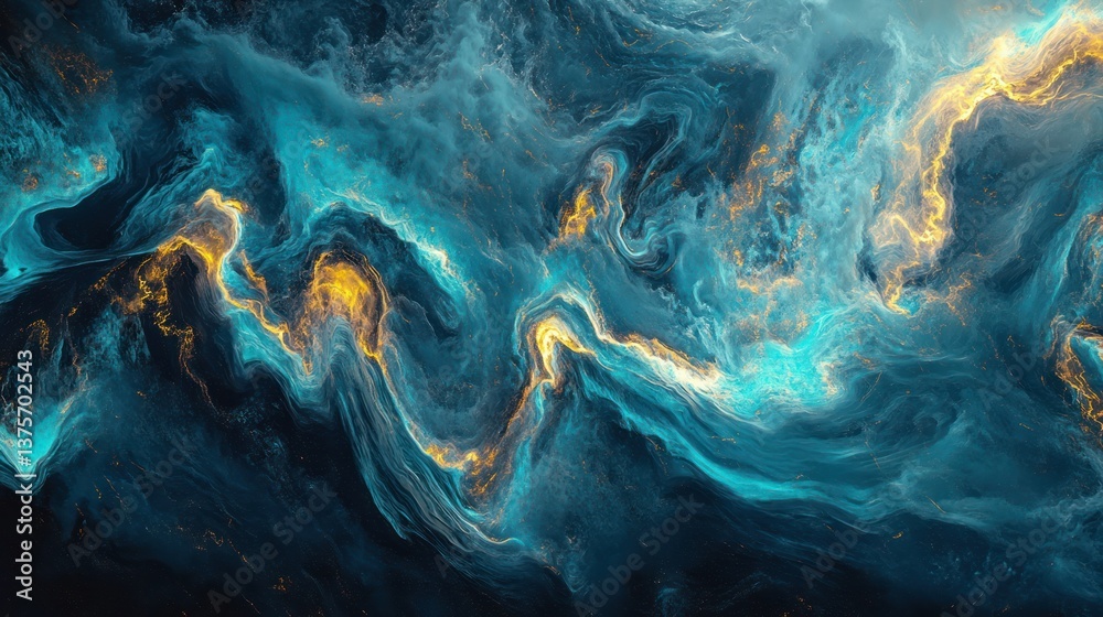 An abstract artwork features swirling patterns of blues and golds An abstract artwork features swirling patterns of blues and golds