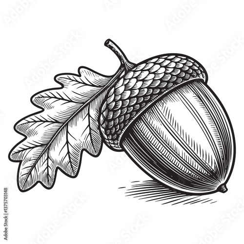 acorn and oak leaf woodcut engraving vector illustration