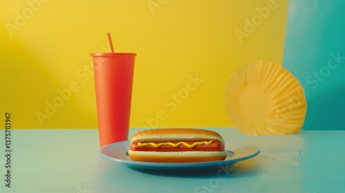 Hot dog and drink on a blue table. photo