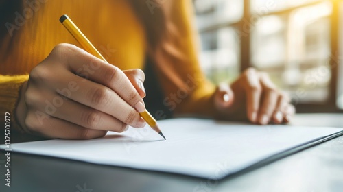 Close-up of woman's hand writing with pencil on paper.
