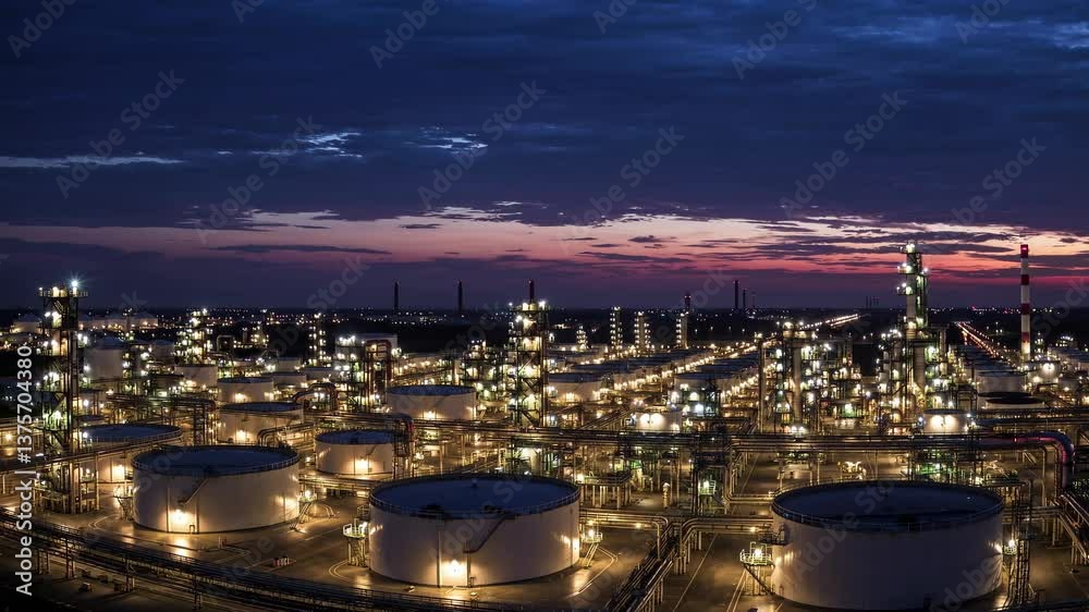 Twilight transformation over illuminated oil refinery with lively cityscape backdrop Twilight transformation over illuminated oil refinery with lively cityscape backdrop