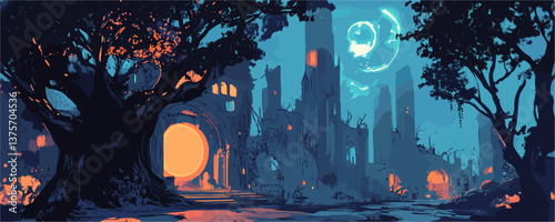 Enchanted ruins with glowing portal and moonlit sky at nighttime – vector.