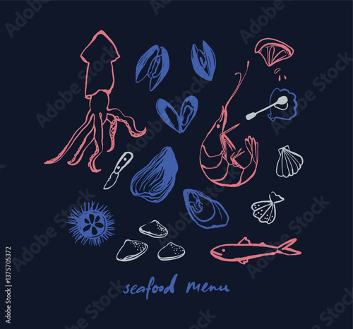 Seafood menu cover doodle minimalist illustrations set. Sea shells, squid, mussels drawing, shrimp art.
