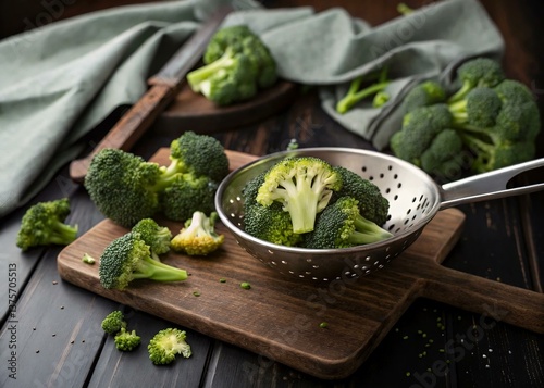 Fresh Broccoli on Cutting Board with Colander and Knife