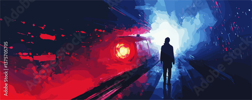 Silhouette walking into light in abstract red and blue tunnel scene - vector.
