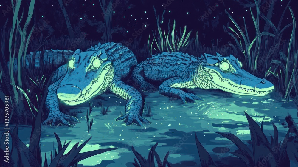 Obraz premium Two glowing alligators rest together in a swamp at night