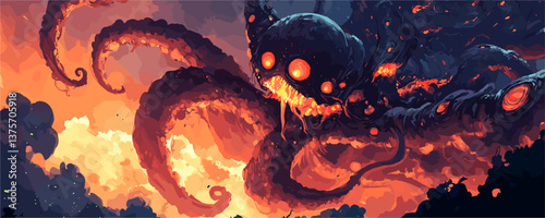 Giant tentacle monster with glowing eyes in fiery sky, swirling clouds - vector.