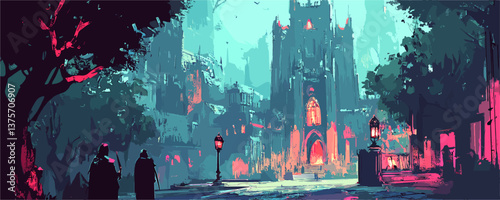 Gothic castle at night with two figures and lanterns in mysterious forest – vector.