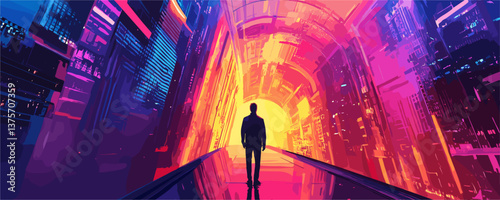 Silhouette of a person in futuristic cyberpunk tunnel with neon lights - vector.