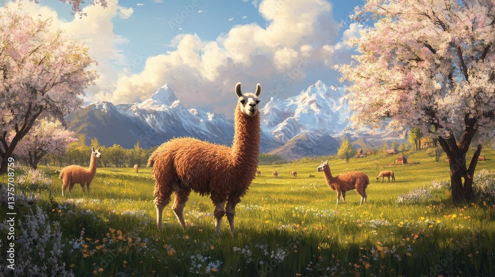 Fototapeta premium Peaceful field with grazing llamas under a blue sky with mountains and flowering trees in a bright, sunny landscape.