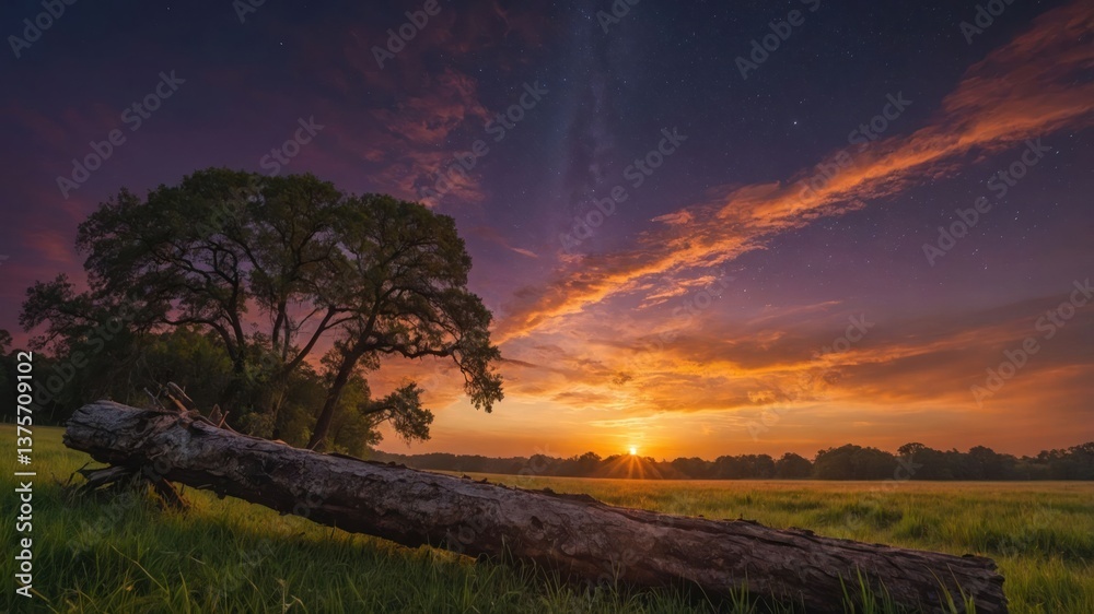 Obraz premium Log on Green Field During Colorful Sunrise with Glowing Sky