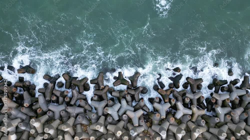 Aerial view of waves crashing against concrete tetrapods on a coastal barrier, creating dramatic white splashes and patterns Aerial view of waves crashing against concrete tetrapods on a coastal barrier, creating dramatic white splashes and patterns