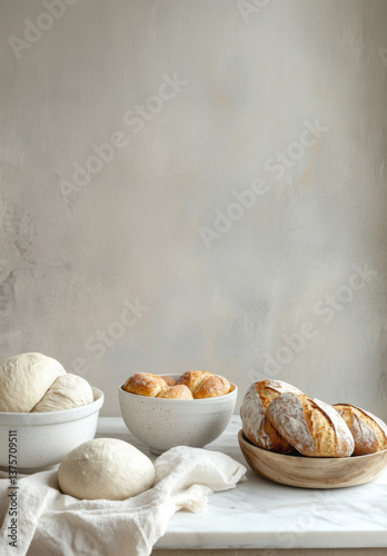 doughs fermenting alongside freshly baked bread on a sleek, contemporary table. 