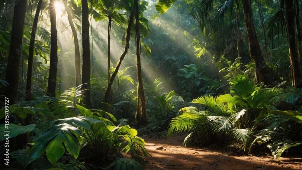 Fototapeta premium Sunlight Shining Through Trees Creating Beautiful Rays in Tropical Forest