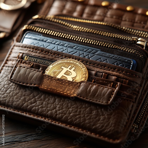 A wallet with a coin and a card. The wallet is brown and has a zipper