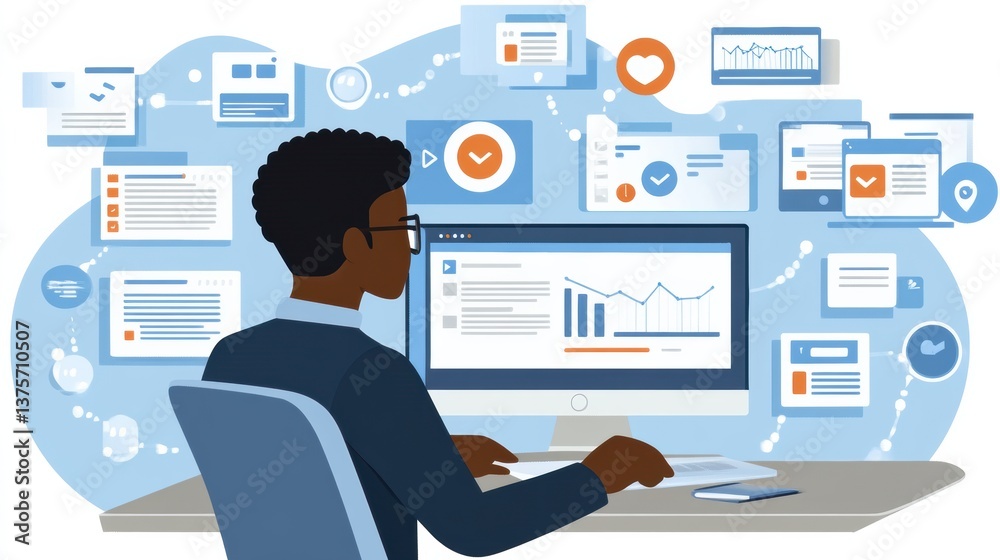 Focused Businessman Analyzing Data on Computer Screen Focused Businessman Analyzing Data on Computer Screen
