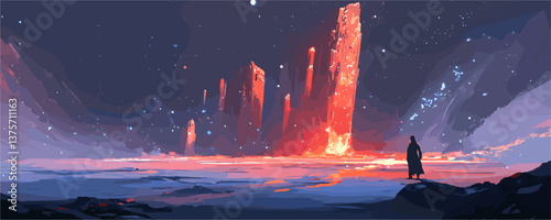 Silhouetted figure gazing at majestic fiery monoliths in alien landscape - vector.