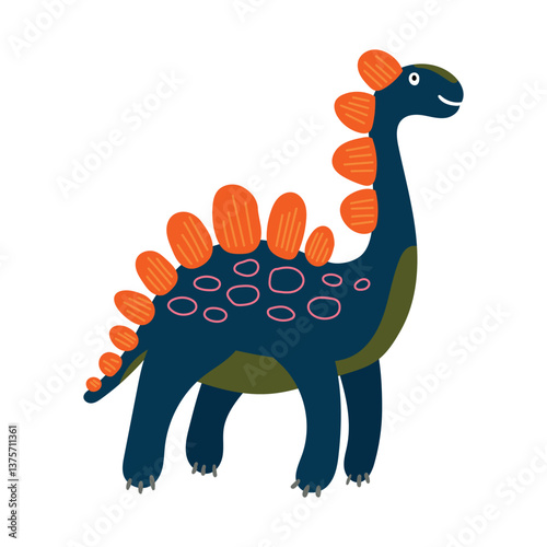 Cartoon stegosaurus with bold orange plates and pink spots on a navy body, ideal for playful prehistoric themes and kids’ dinosaur illustrations.