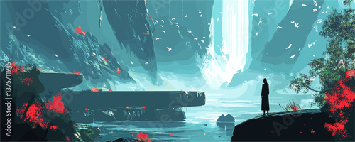 Serene waterfall landscape with silhouette observer and birds – vector.