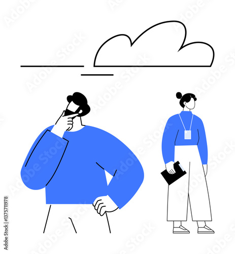 Two people, one thinking and another holding clipboard, convey inquiry, ideas, planning, decisions, teamwork, creativity and communication. Ideal for brainstorming innovation teamwork flat simple
