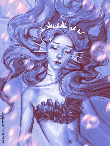 Mermaid girl portrait, underwater with flowing beautiful hair and bubbles. mystical mythological siren princess illustration sketch