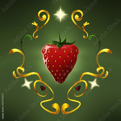 Gold and shining strawberry on green background illustration. 