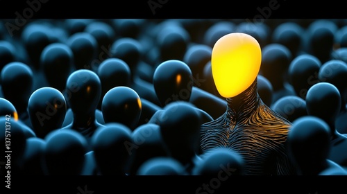 This unique image portrays a single shiny figure standing out in a crowd of dark, faceless silhouettes, symbolizing individuality and self-identity in a conformist society.