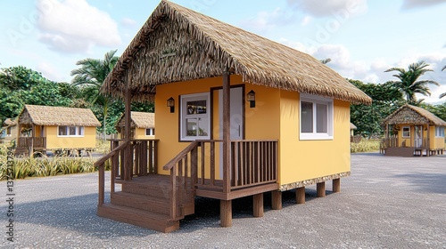 Charming Tropical Cabins with Thatched Roofs Surrounded by Lush Greenery and Clear Blue Sky