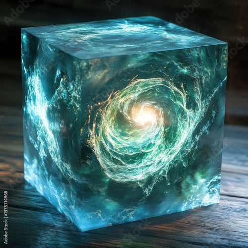Glowing Cube with Swirling Light Design and Mystical Atmosphere