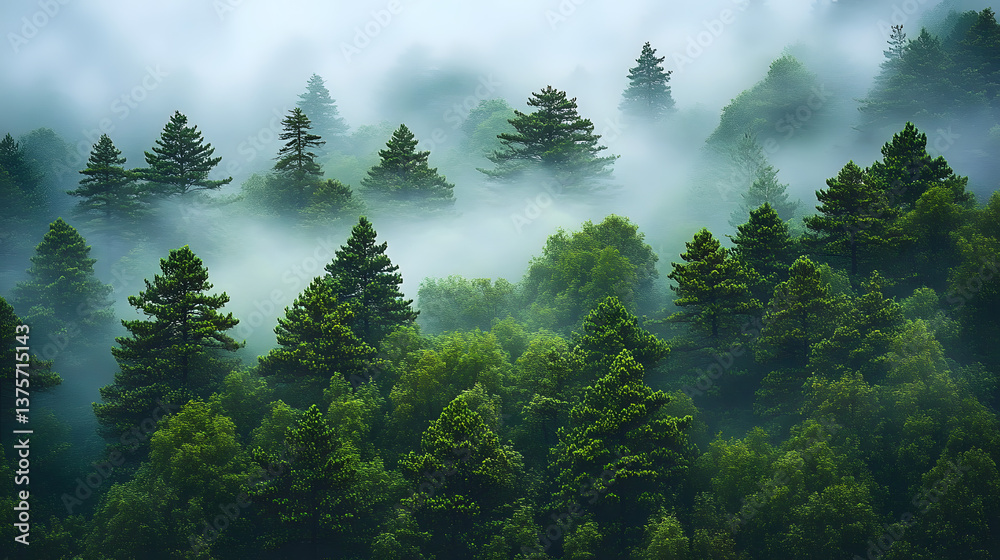 Fototapeta premium A foggy pine forest with vibrant green trees fading into the mist. The thick layer of fog adds an otherworldly, ethereal quality to the scene, making the dense foliage seem to float in the misty air.