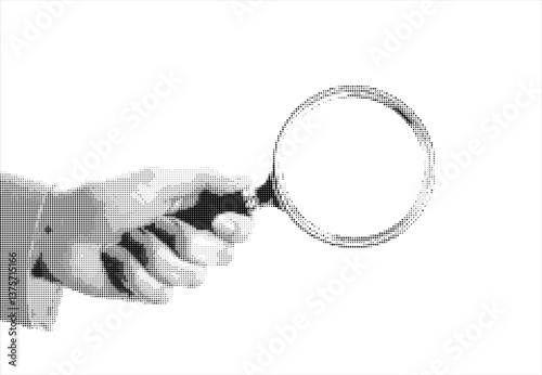 Trendy Halftone Collage Hand holding magnifying glass for searching information or job. Seo marketing. Modern banner with empty copy space. Contemporary vector illustration art
