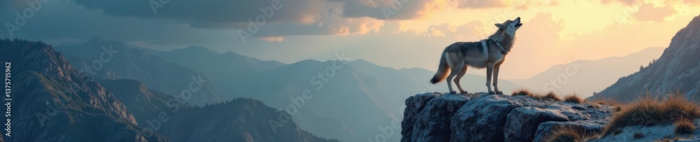 Fototapeta premium Wolf standing on rocky cliff edge howling into wind, howl, rock