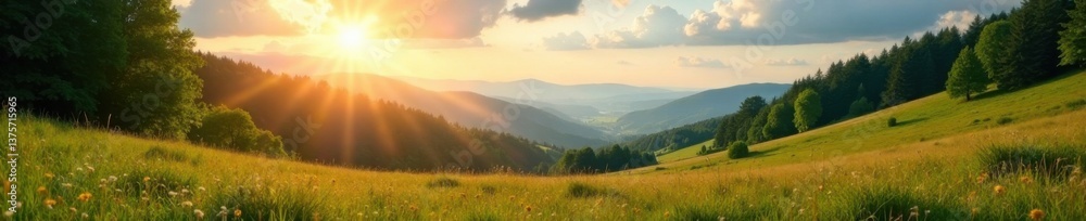Fototapeta premium W?lderlandschaft mit Sonnenlicht und hohem Himmel , Feld, Landschaftspfad, wald