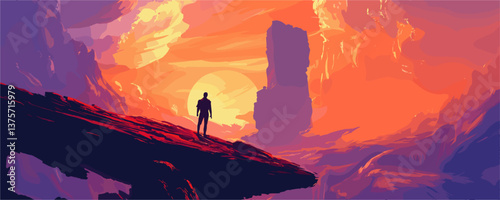 Silhouette of a person on cliff overlooking colorful sunset landscape – vector.