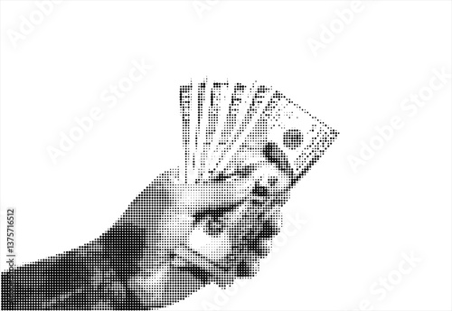 Hand holding  money, elements for collages. Halftone effect. Retro illustration on business theme with doodles dollars.