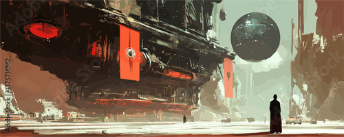 Futuristic cityscape with enormous suspended sphere and people in awe - vector.