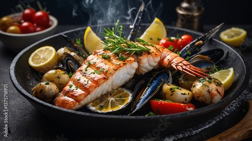 Fototapeta Naklejka Na Ścianę i Meble -  A beautifully plated seafood dish featuring shrimp, mussels, and potatoes, garnished with fresh herbs and lemon slices.
