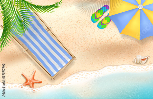 Tropical ocean or sea coast, top view. Vector sunbed and umbrella, starfish and shell. Foamy waves and soft, granular surface. Summer resting on vacation or weekend. Realistic subtropical landscape