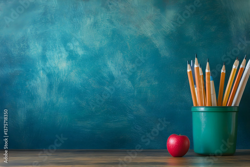 Back to School Background with Pencils Cup and Red Apple