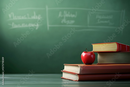 Stack of Textbooks and Red Apple on Desk with Chalkboard