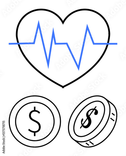 Heart with heartbeat line and two dollar coins symbolize financial stability, cost of healthcare, and economic vitality. Ideal for wellness, finance, medicine, insurance, budgeting economy. Flat