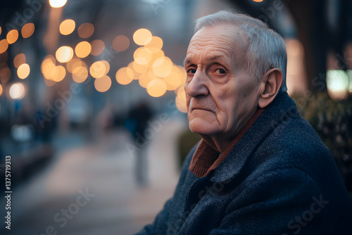 Senior Man Looking at Camera Outdoors with Blurred Bokeh Lights