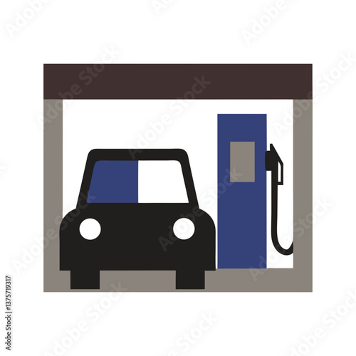 Gas Station Illustration with Car and Pump in Minimalist Style  