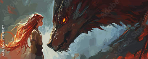 A girl faces a majestic dragon with fiery gaze in a dramatic scene - vector.